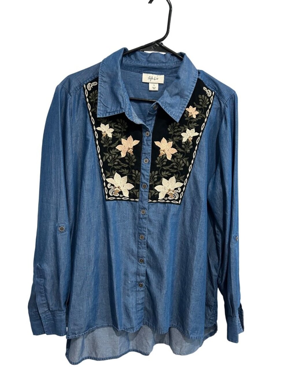 Style & Co Large Embroidered Denim Long Sleeve Button Up Shirt Cottagecore